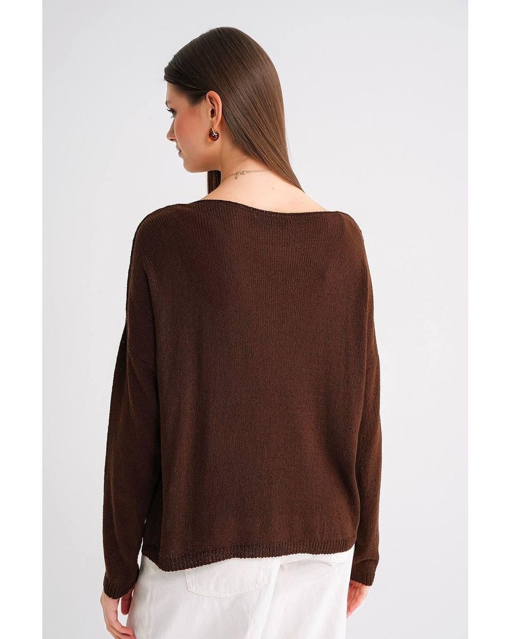 MixRay Brown Oversized Boat Neck Knit Sweater