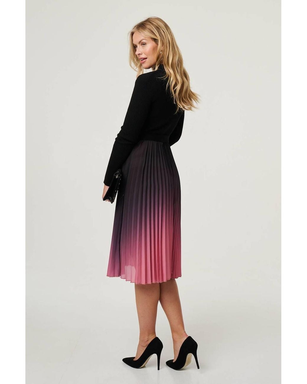 Izabel London Pink Ombre Tie Waist Pleated Knit Midi Dress
