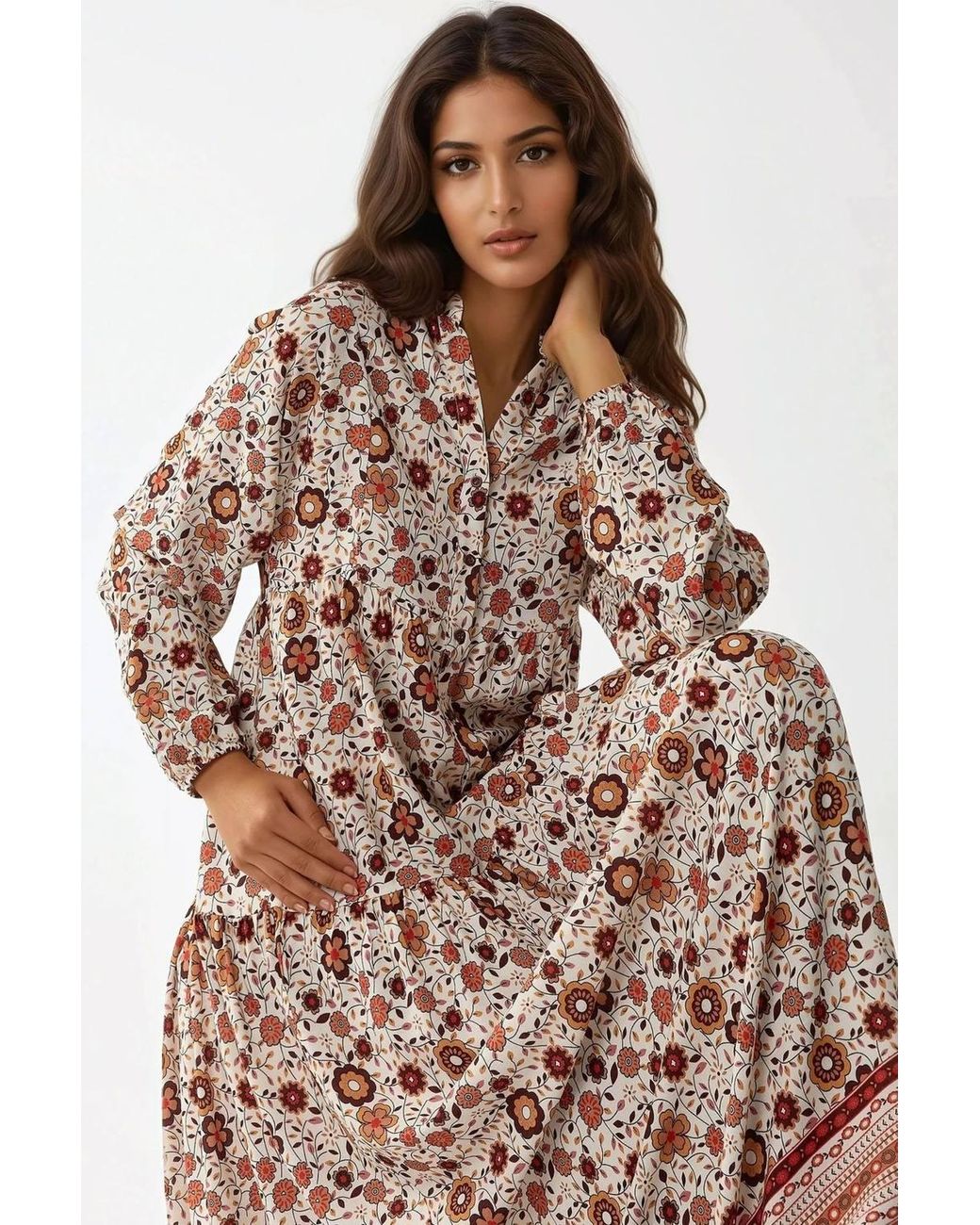 Hiccup Natural Printed V-Neck Maxi Dress With Buttons