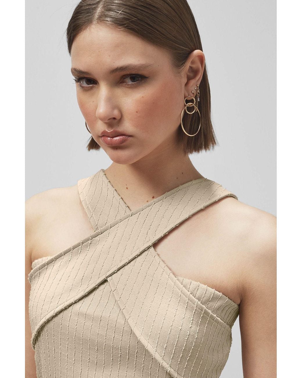 Enorsia Natural Cross Front Halter Neck Dress