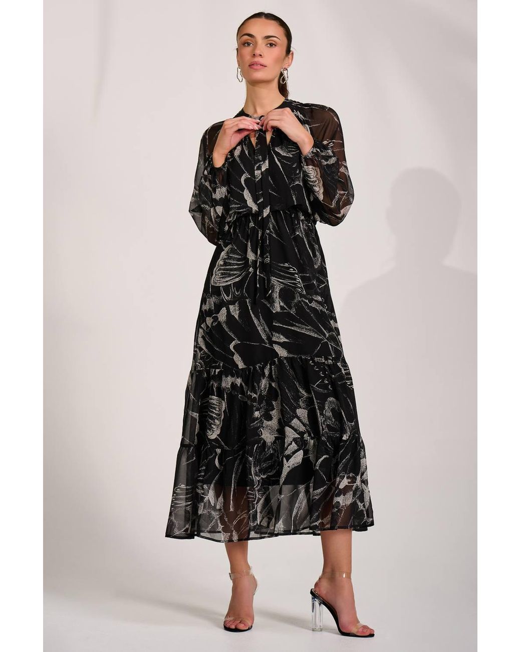 Jolie Moi Black Chiffon Long Sleeve Tiered Maxi Dress