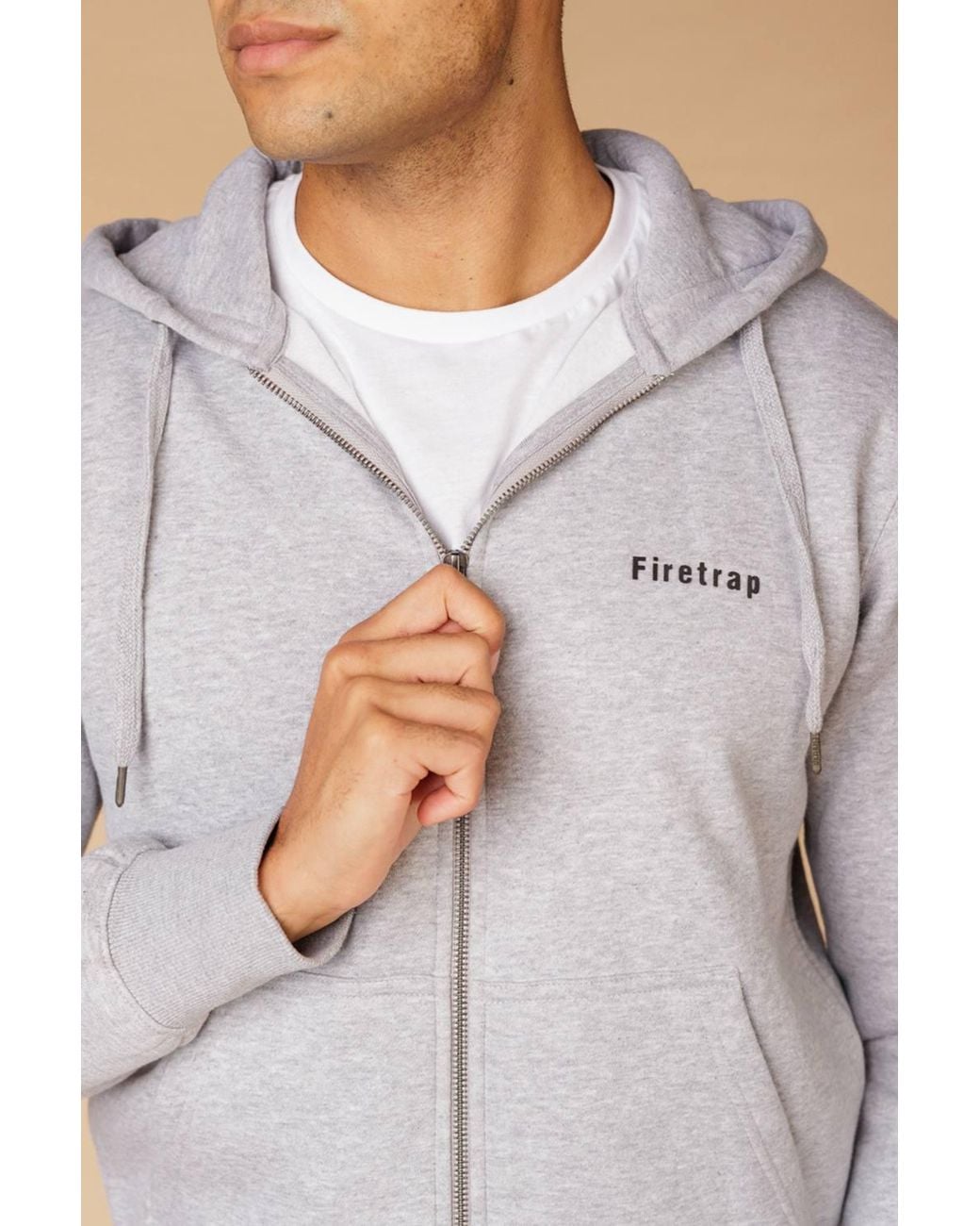 Firetrap Gray Regular Fit Cotton Rich Zip Through Hoody With Drawstring for men