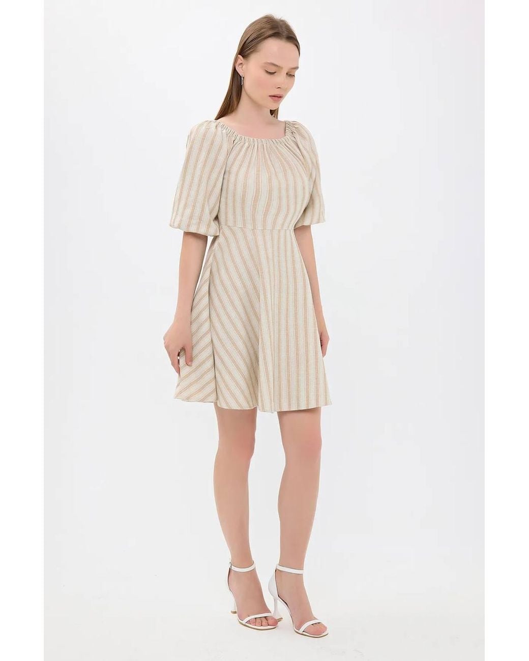 Hiccup Natural Striped Off-Shoulder Balloon Sleeves Mini Dress