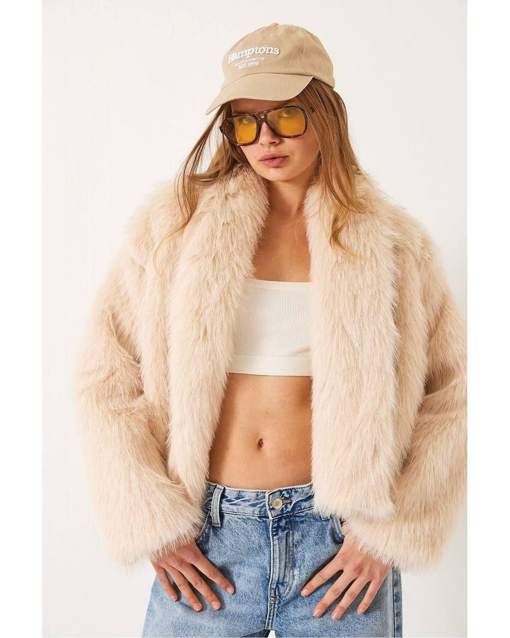 Bianco Lucci Blue Faux Fur Cropped Open Collar Coat