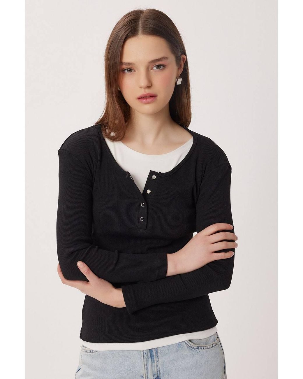 Happiness İstanbul Black Slim Fit Ribbed Button-Up Long Sleeve Blouse