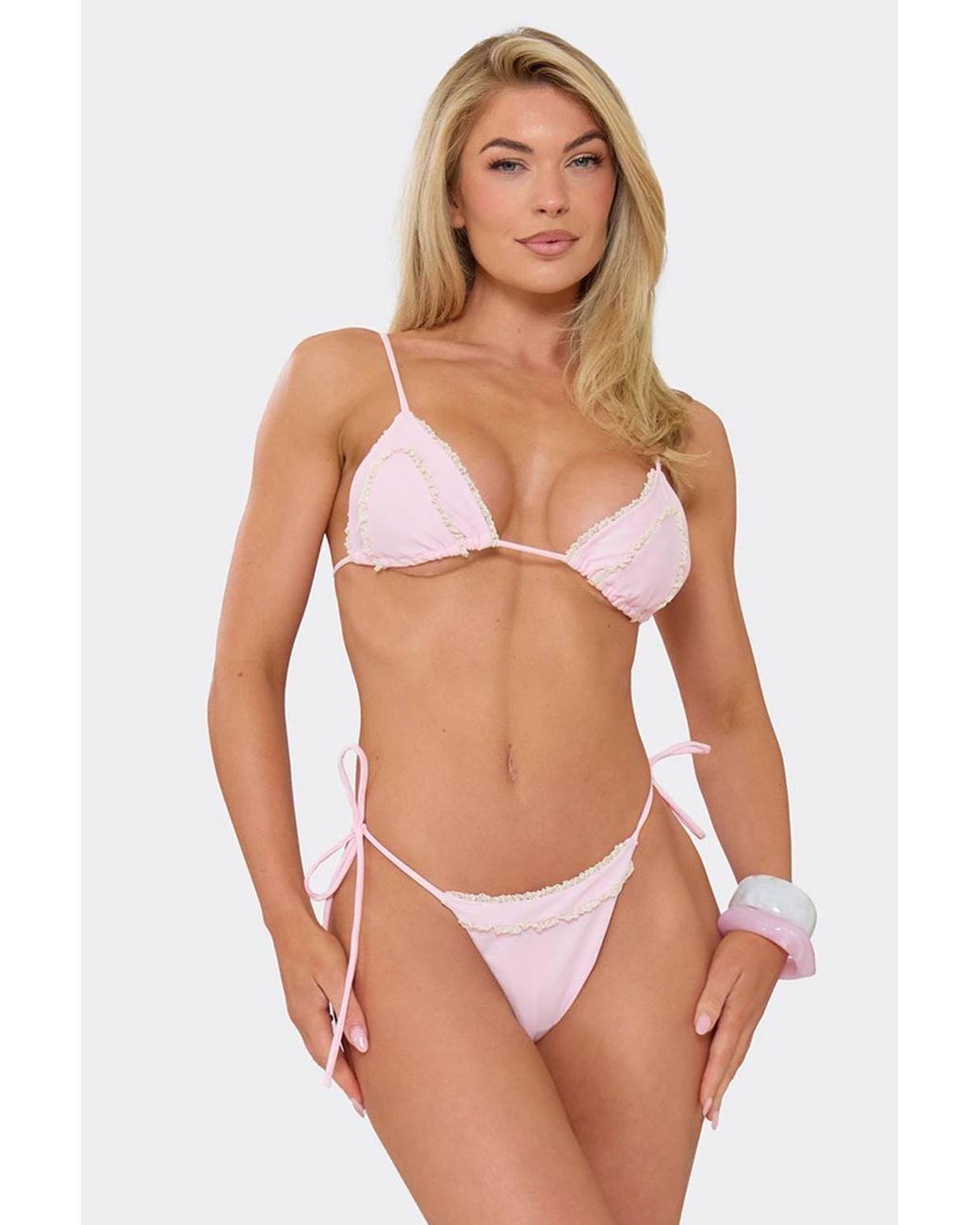 EGO Pink Triangle Tie Lace Trim Floral Bikini Set