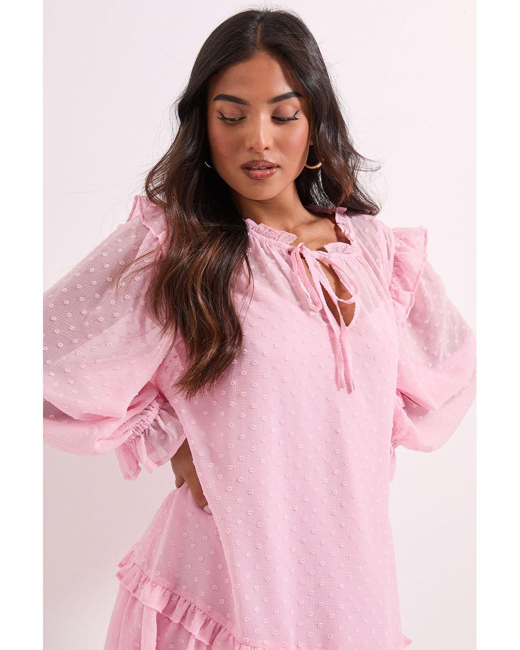 Dorothy Perkins Pink Petite Tiered Hem Tie Neck Shift Dress