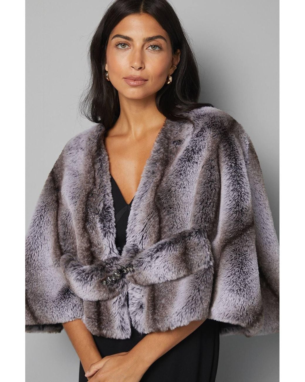 Wallis Gray Cropped Embellished Faux Fur Cape