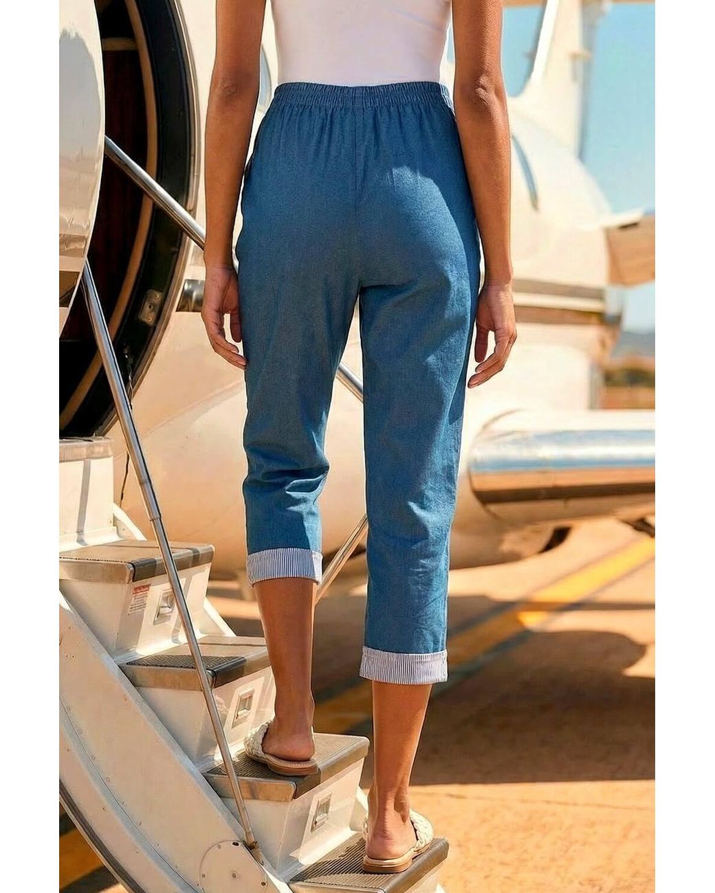 Roman Blue Contrast Detail Cropped Stretch Trousers