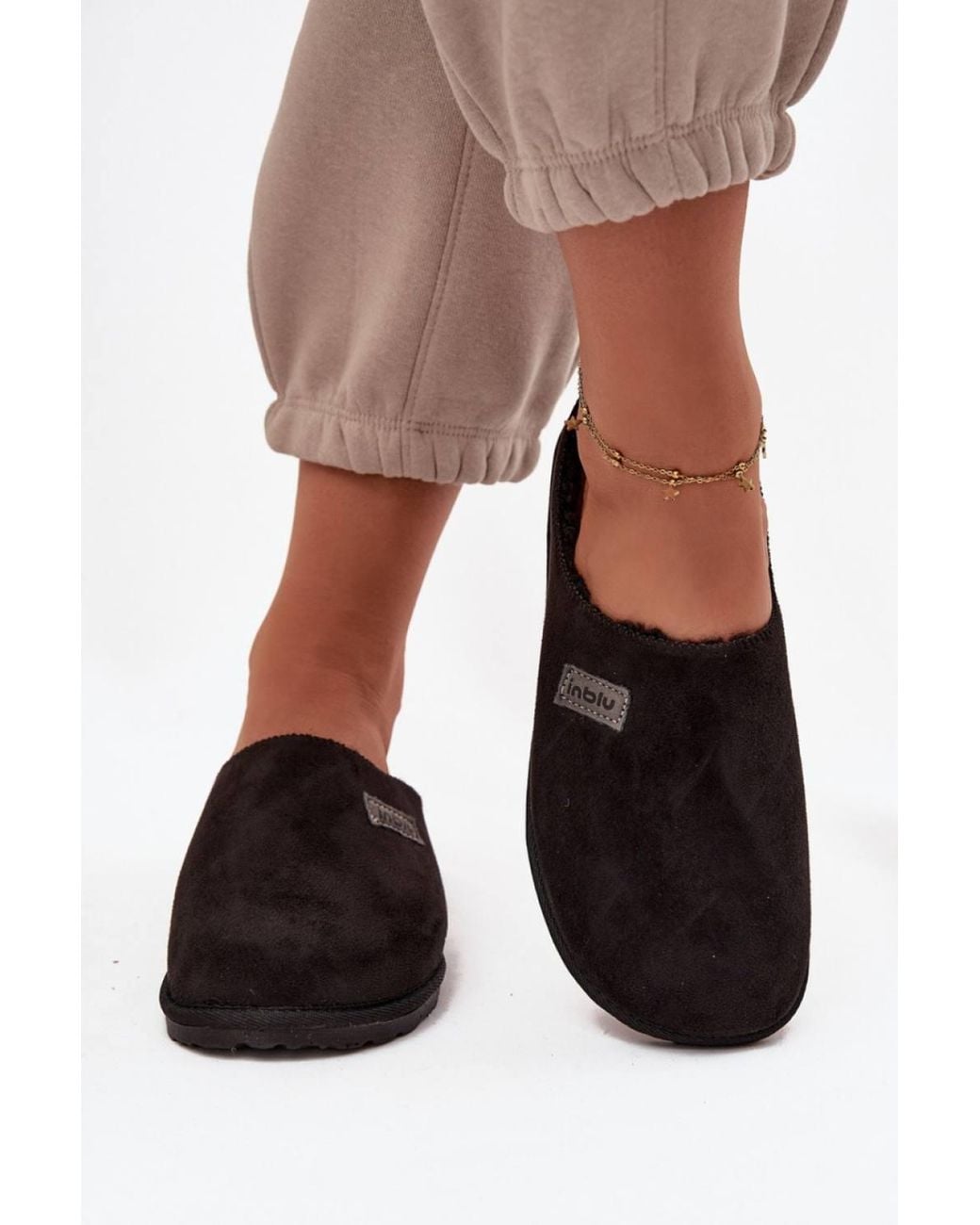 Love Lace Black Soft Suede Faux Fur Lined House Slippers With Insole