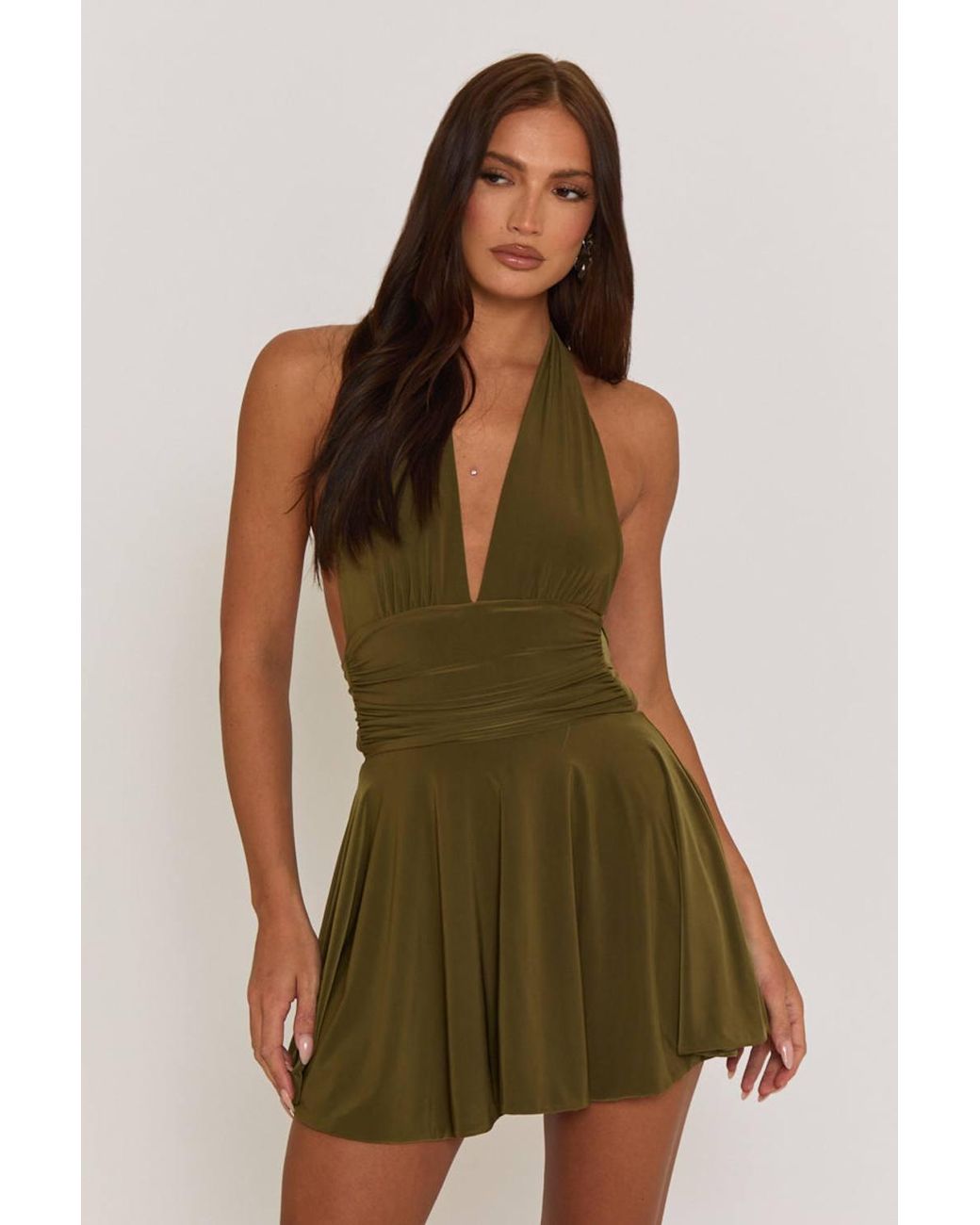 Rebellious Fashion Green Pippa Halter Plunge Neck Mini Dress