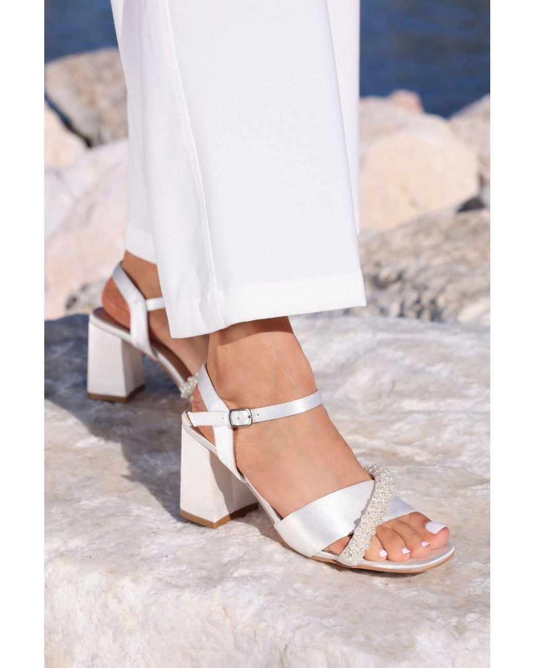 Linzi White Iris Bridal Satin Pearl Embellished Heels