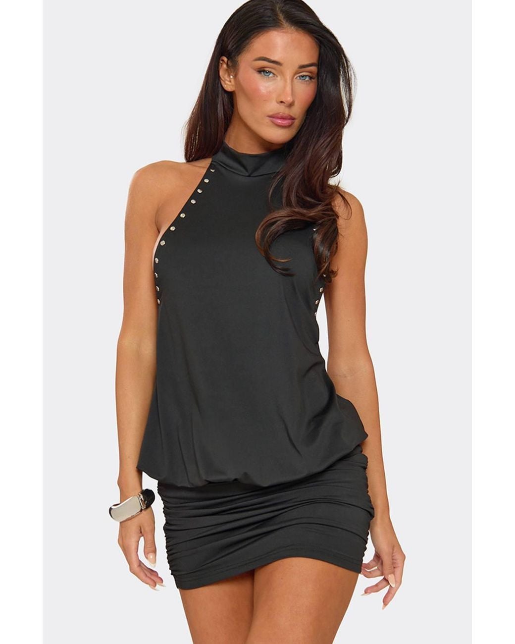EGO Black Blouson Style Sleeveless Studded Mini Dress
