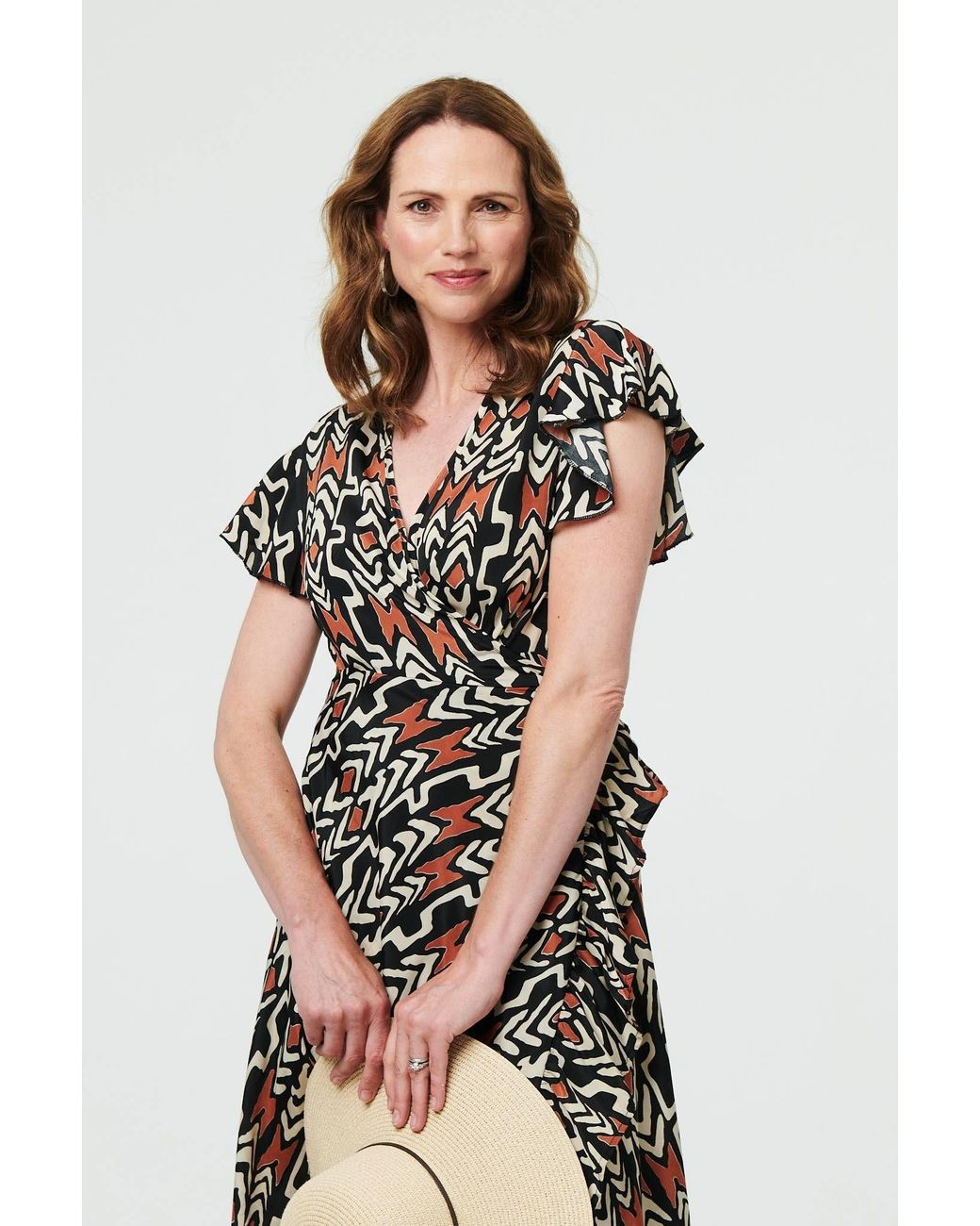 Izabel London White Abstract Frilled Sleeve Wrap Midi Dress