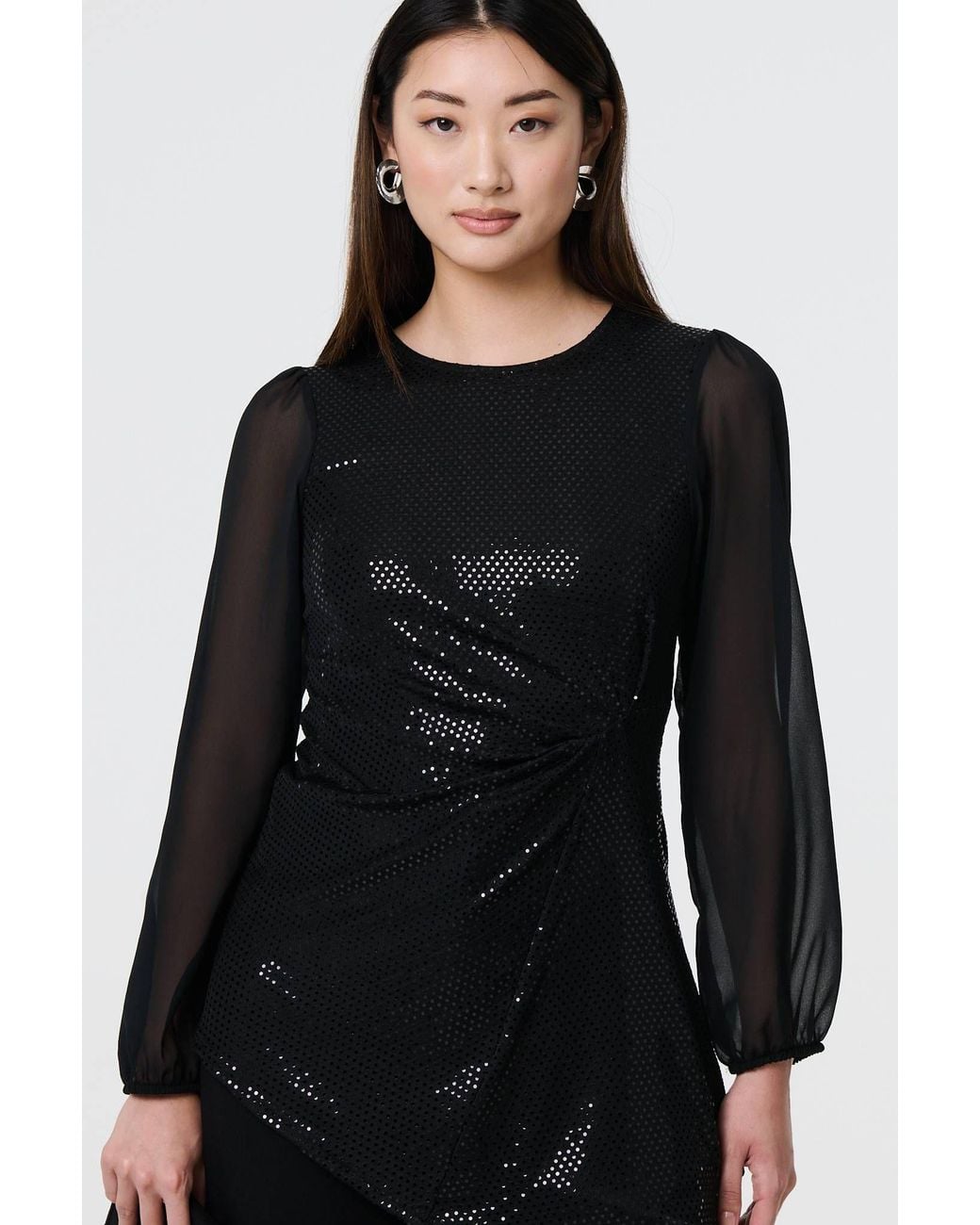 Izabel London Black Semi Sheer Sparkly Long Sleeve Blouse