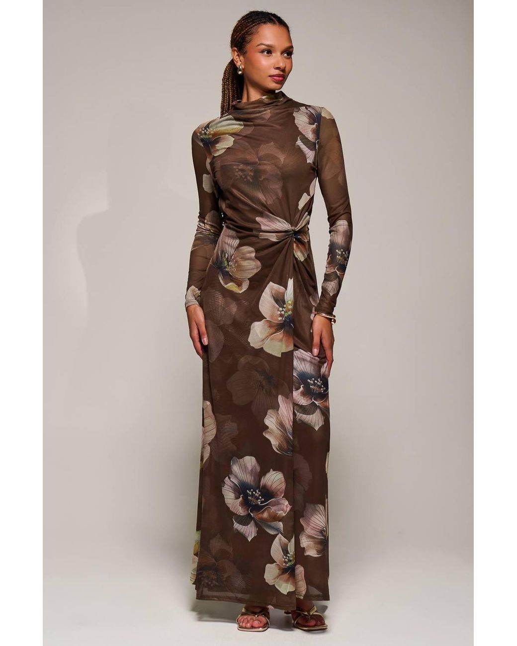 Jolie Moi Natural High Neck Long Sleeve Mesh Maxi Dress