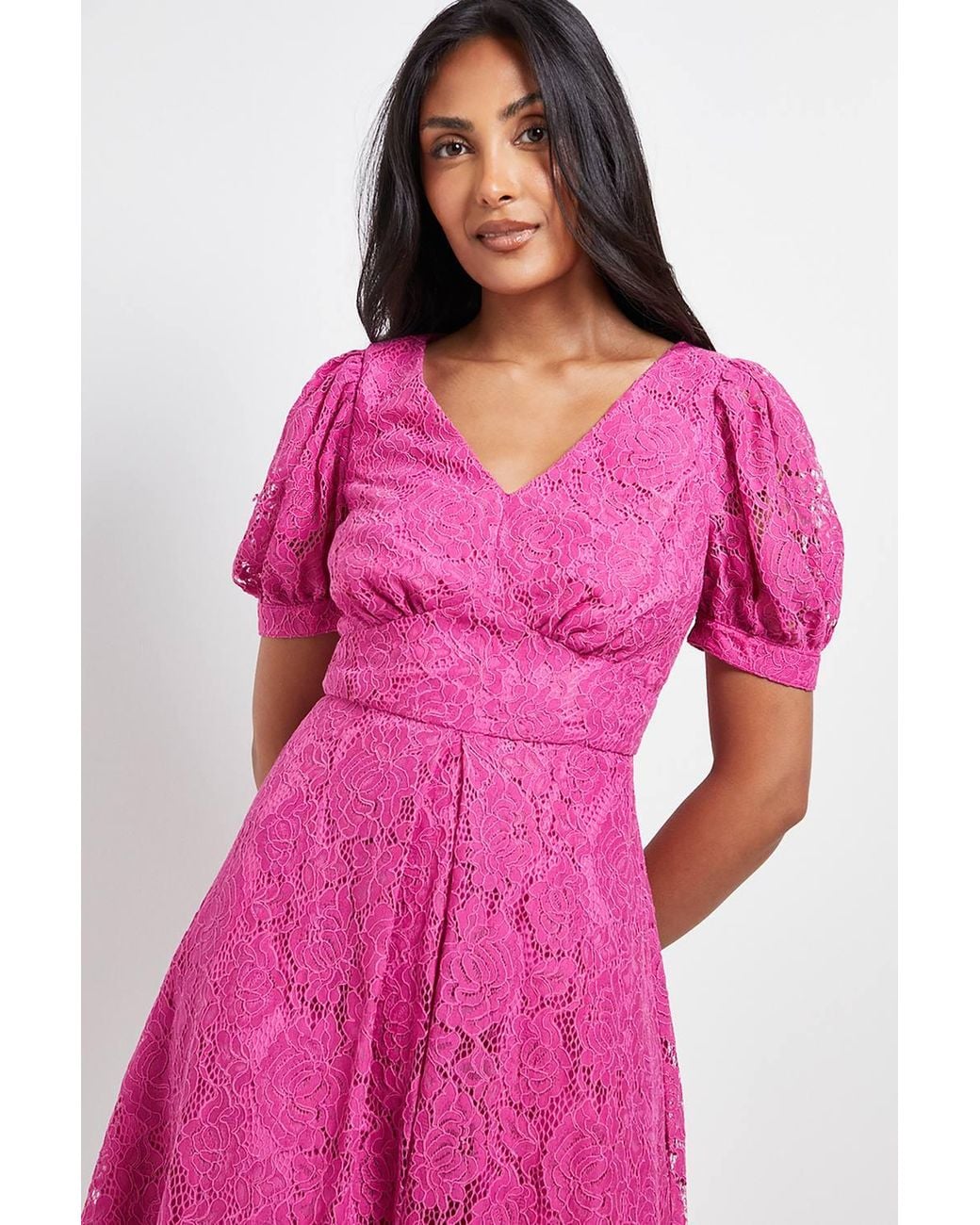 Wallis Pink Petite Lace V Neck Tea Midi Dress