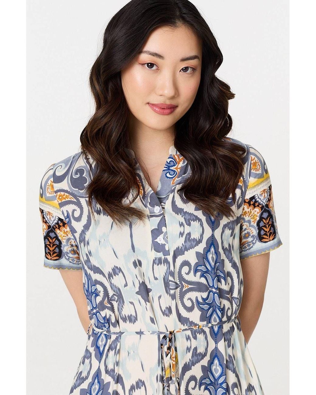 Izabel London Gray Printed Short Puff Sleeve Midi Dress