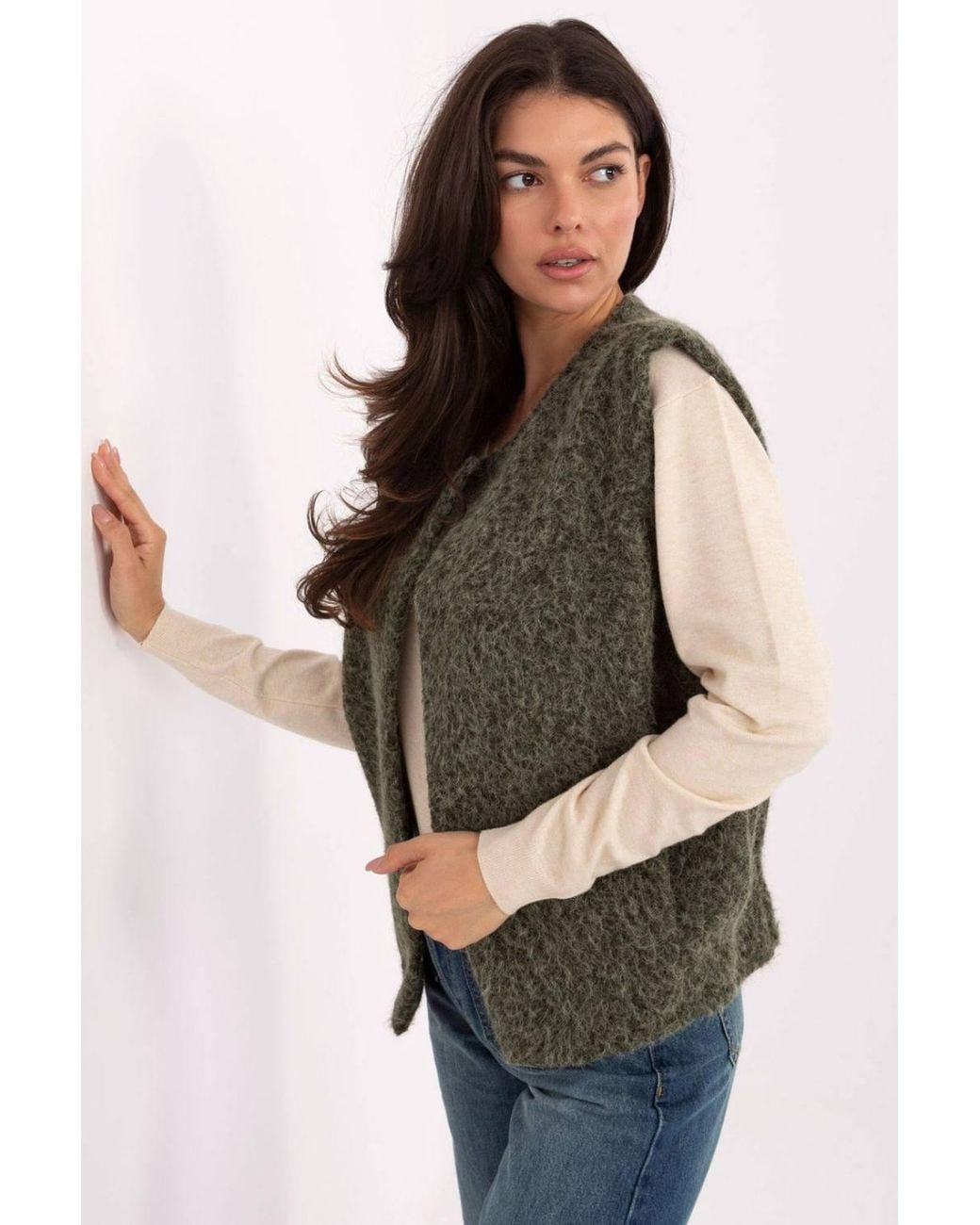 Love Lace Green Boucle Slip Pocket Vest Without Fastening Style 217864