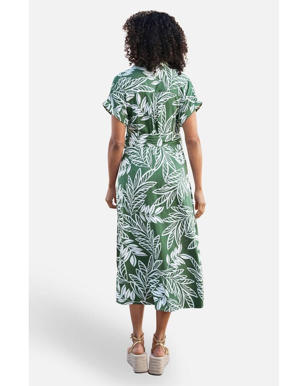 Yumi' Green Leaf Print Viscose Relaxed Midi Shirt Dress