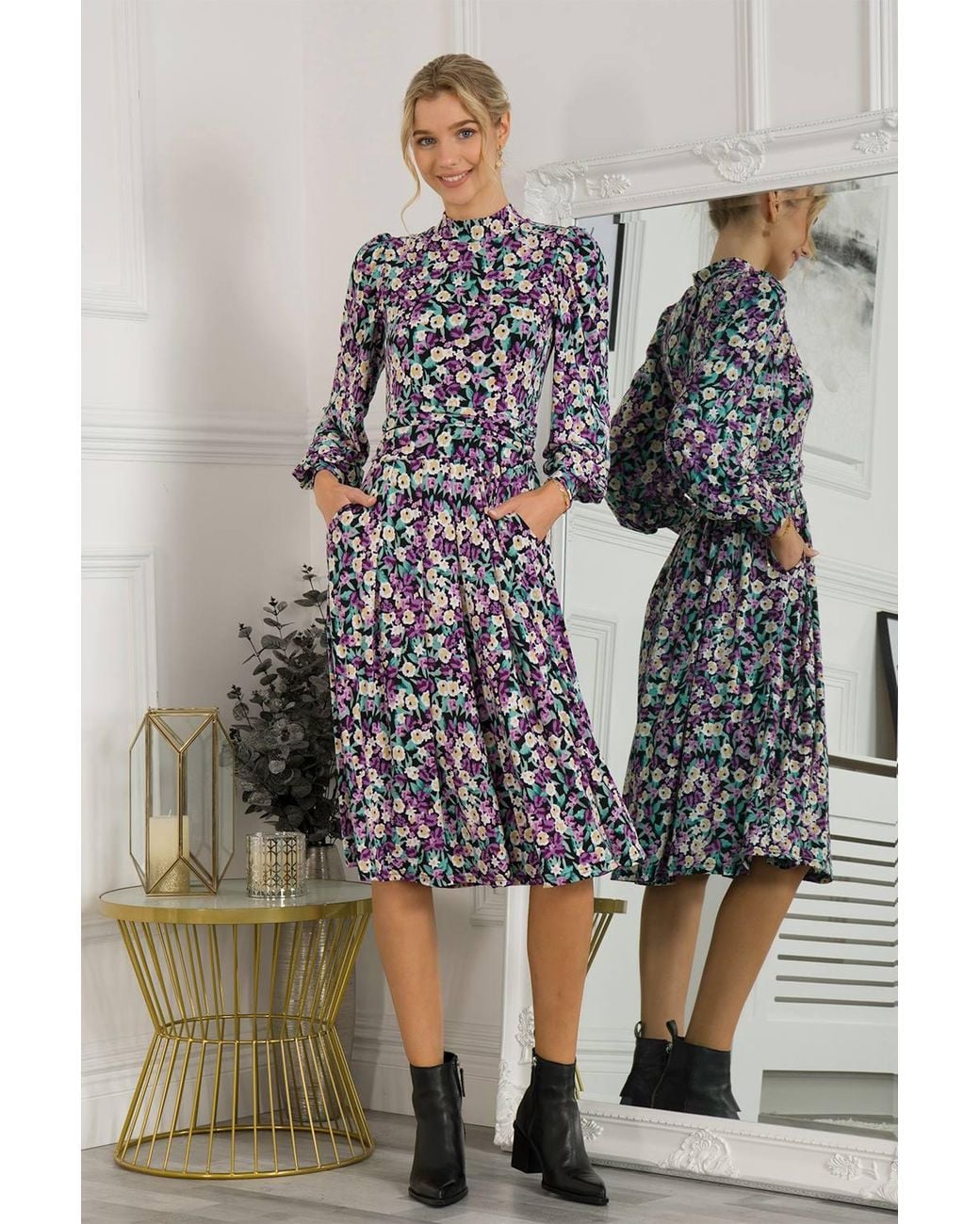 Jolie Moi Gray Kathryn Long Sleeve Midi Dress