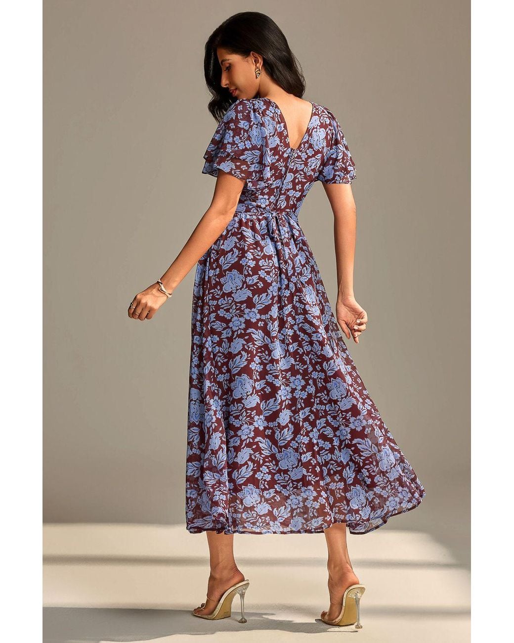 Jolie Moi Blue Layered Angel Sleeved Chiffon Maxi Dress