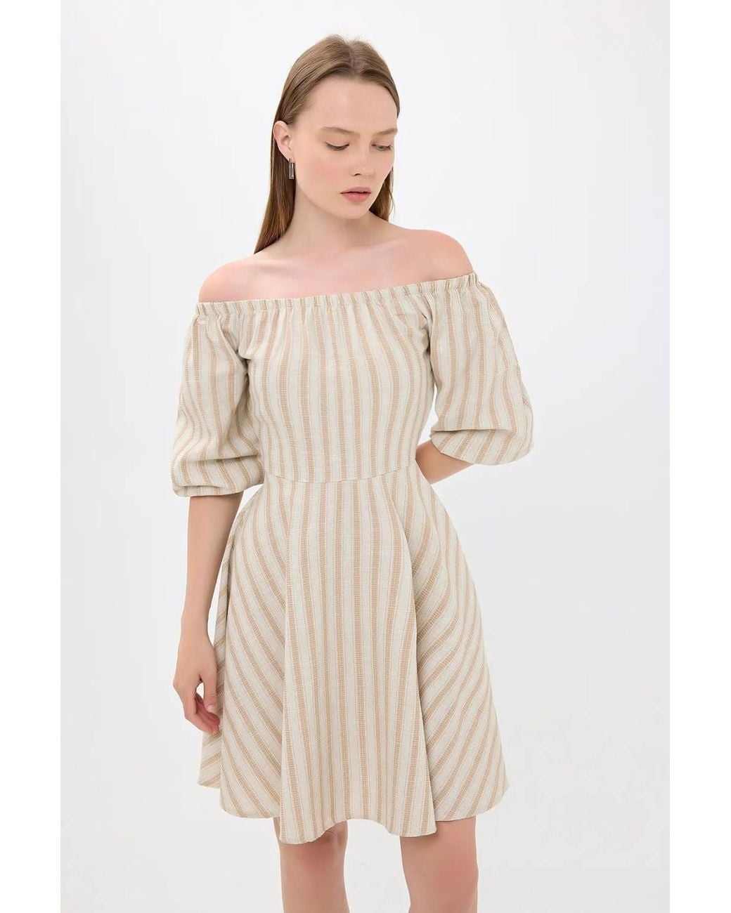 Hiccup Natural Striped Off-Shoulder Balloon Sleeves Mini Dress