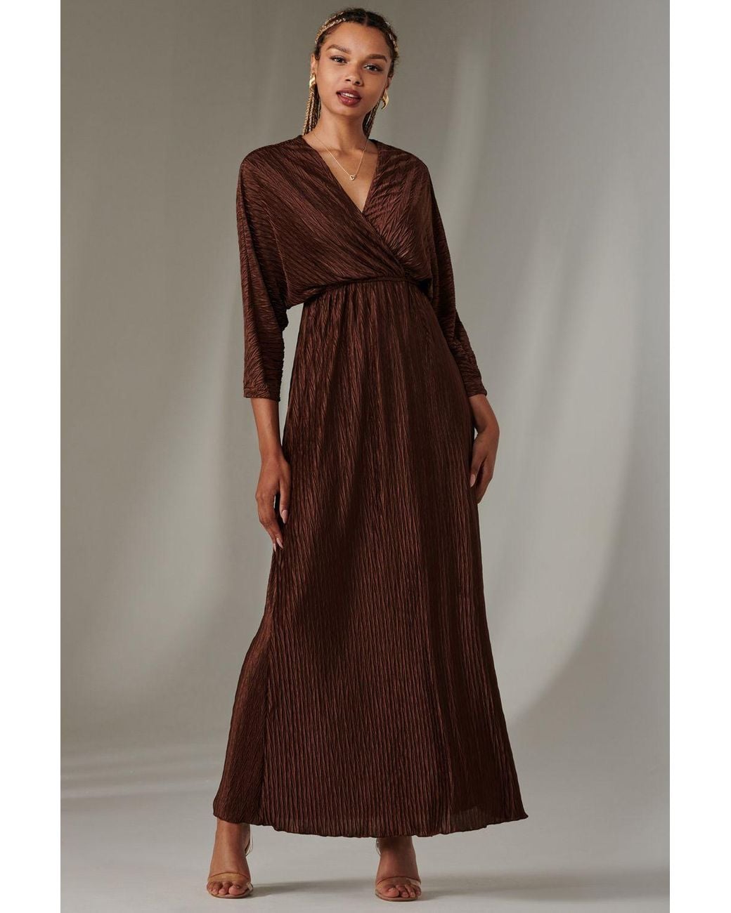 Jolie Moi Brown Ruffle Hem Chiffon Midi Dress