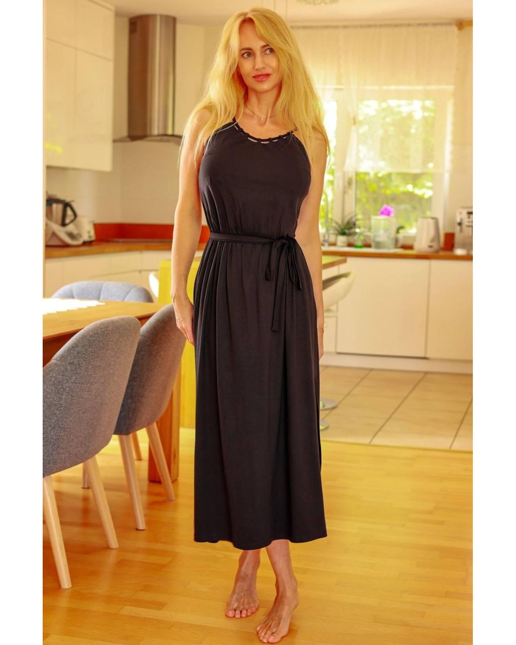 Love Lace Yellow Long Viscose Dress With Elastic Waist Belt