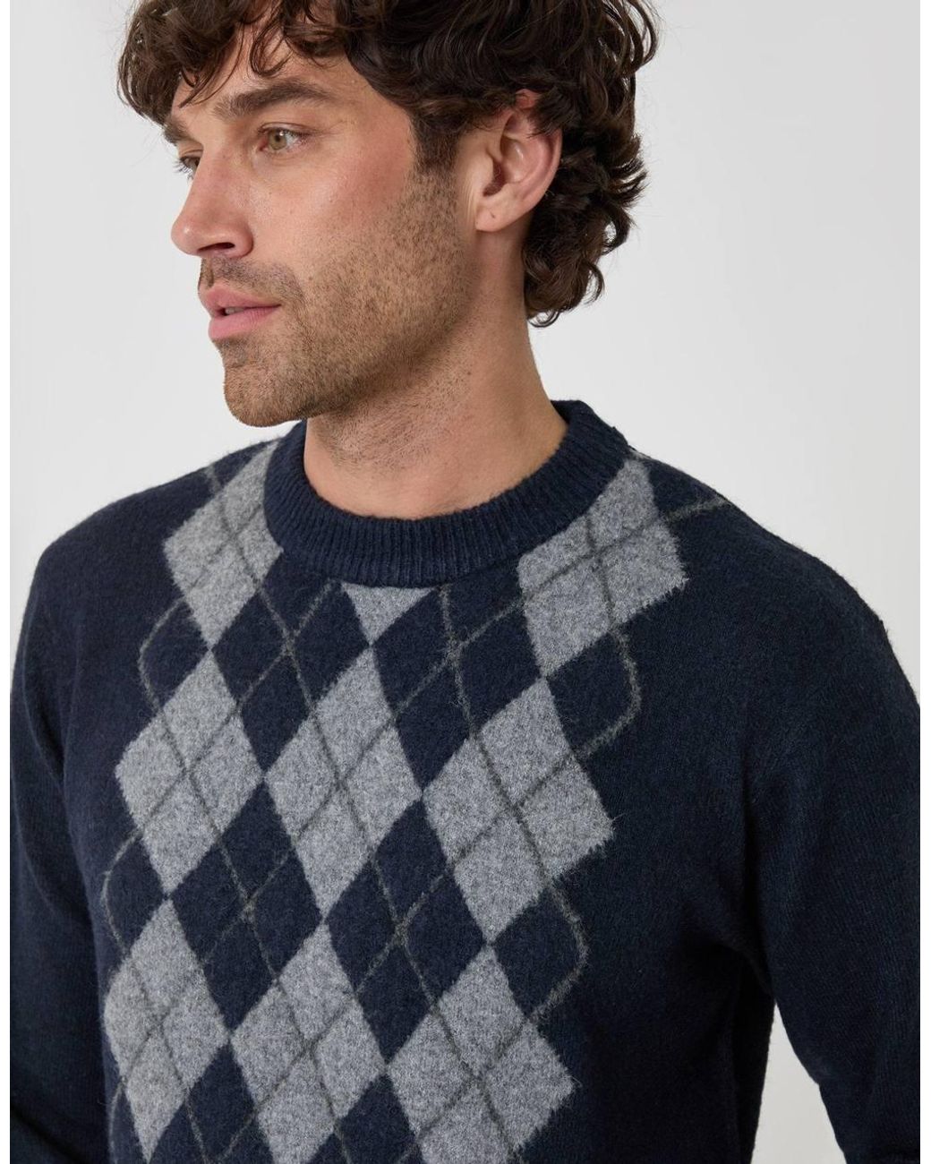 Threadbare Blue Argyle Crew Neck Jumper for men
