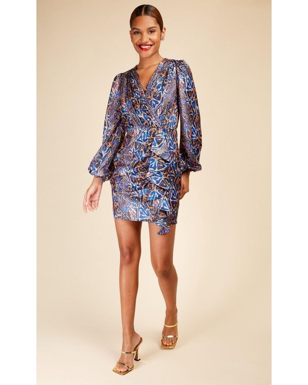 Little Mistress Blue Snake Satin Draped Frill Mini Dress
