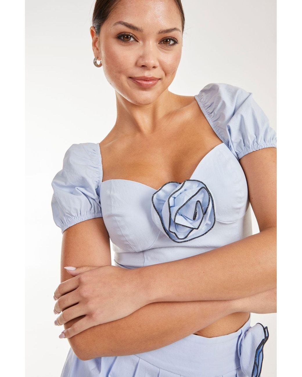 Pink Vanilla Blue Corsage Puff Sleeve Top