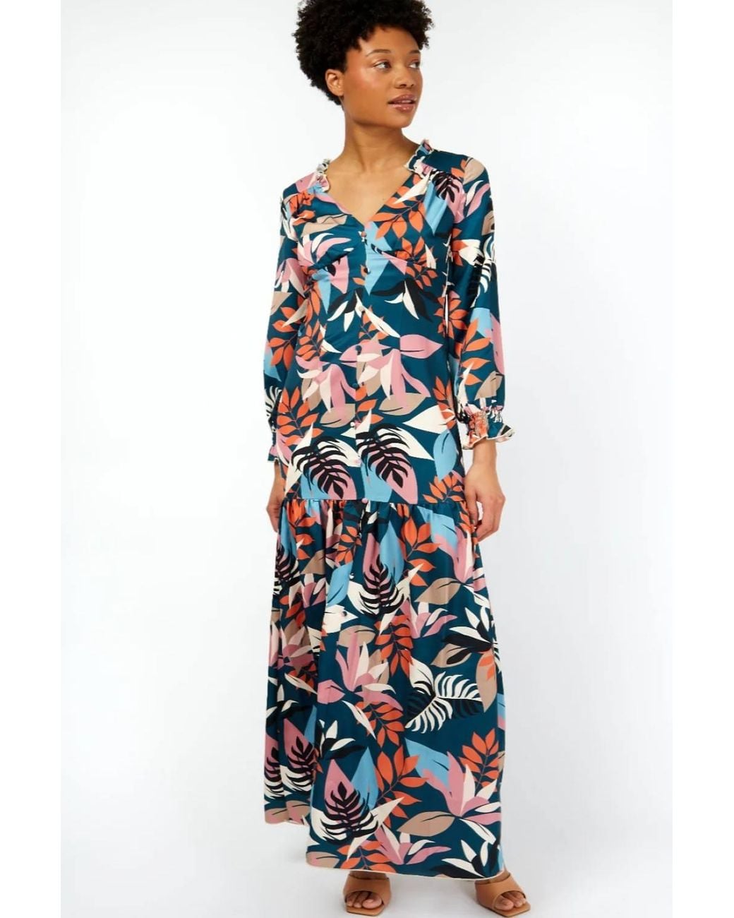 Little Mistress Blue Barcelona Leaf Print Satin Frill Maxi Dress