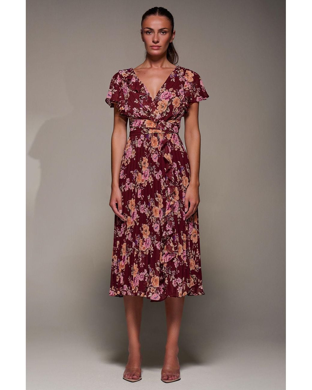 Jolie Moi Red Printed Ruffle Detail Pleated Chiffon Midi Dress