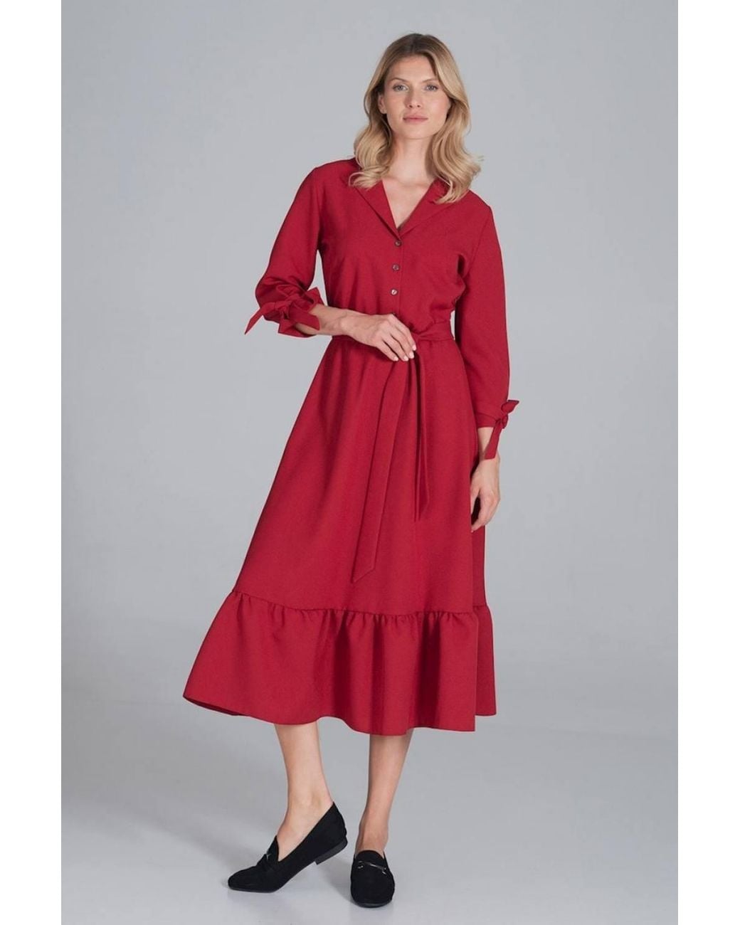 Love Lace Flared V-Neck Long Sleeve Maxi Dress With Ruffles