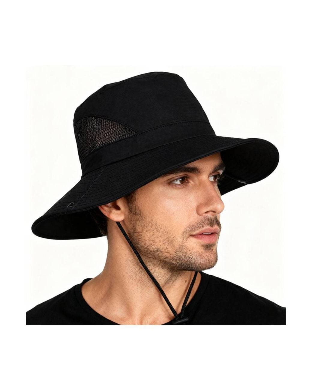 KDMD Black Foldable Wide Brim Uv Sun Hat With Adjustable Chin Strap