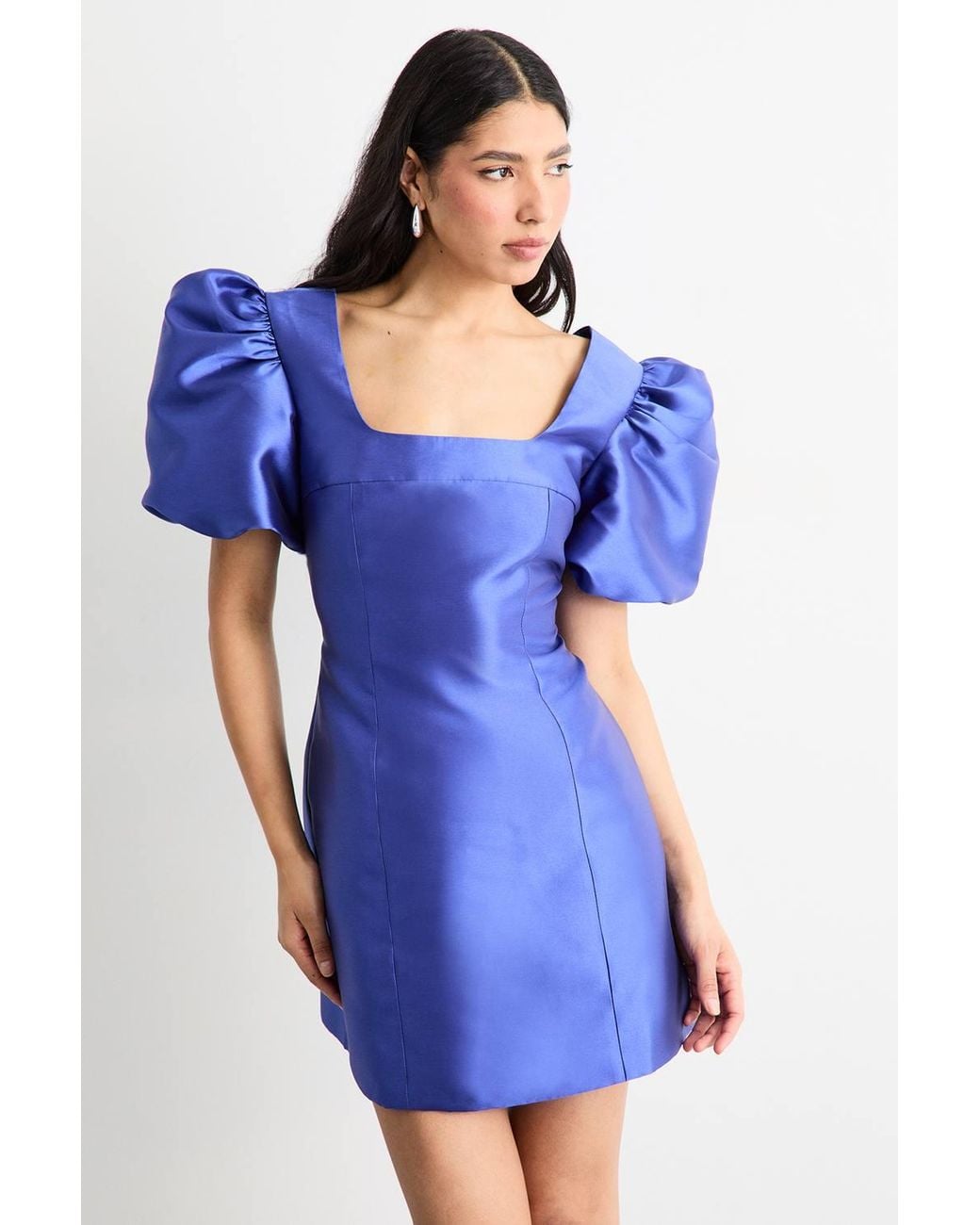 Warehouse Blue Puff Sleeve A-Line Mini Dress