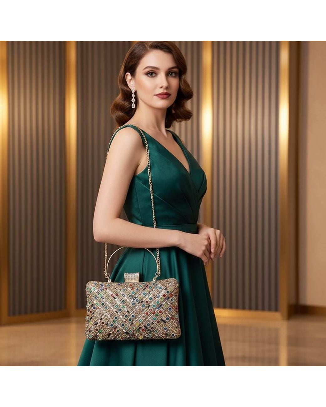 LARANGE Blue Multicolour Embellished Beaded Rhinestone Clutch Evening Bag Chain