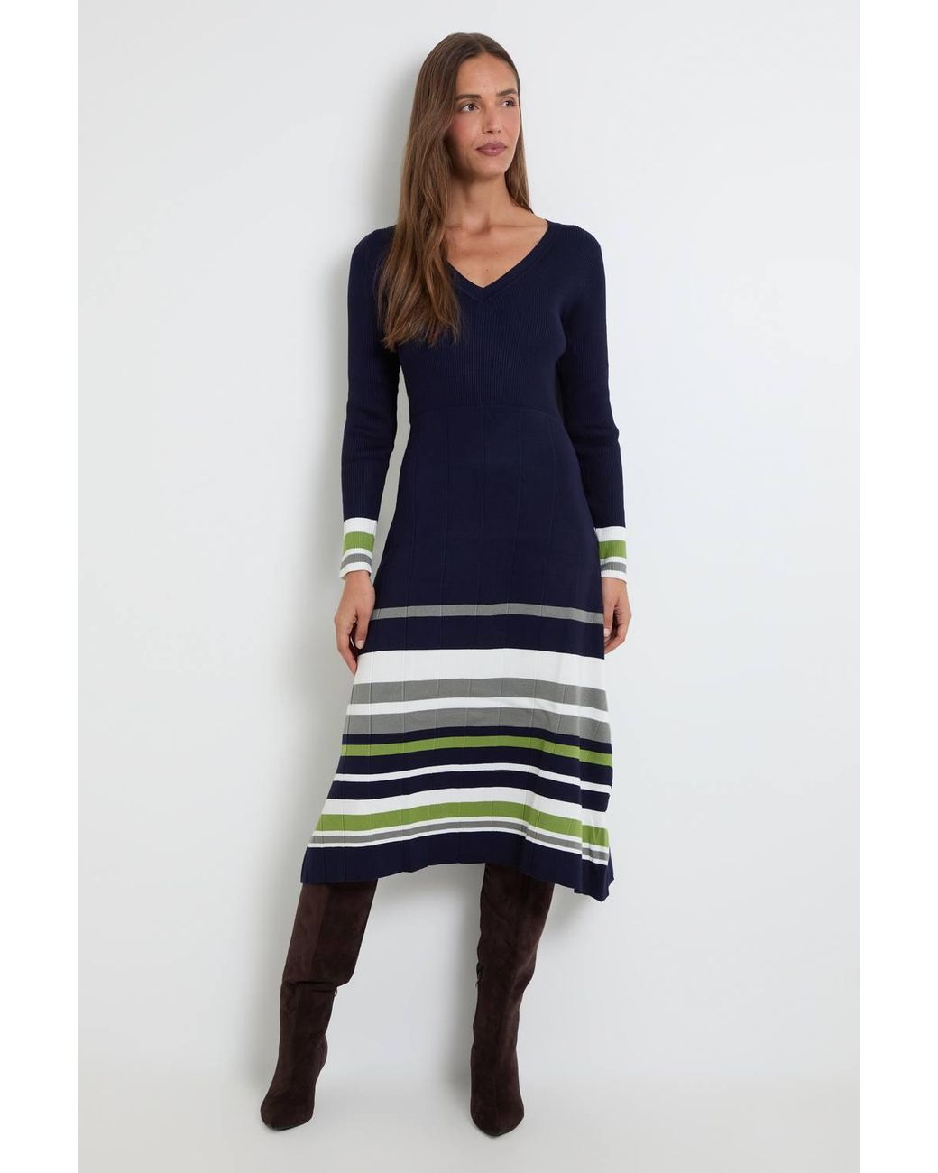 Wallis Blue Stripe Detail V Neck Pleated Skirt Knitted Midi Dress