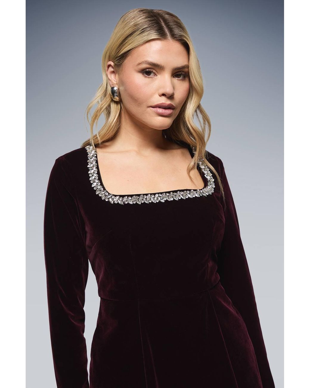 Dorothy Perkins Black Velvet Embellished Neckline Structured Mini Dress