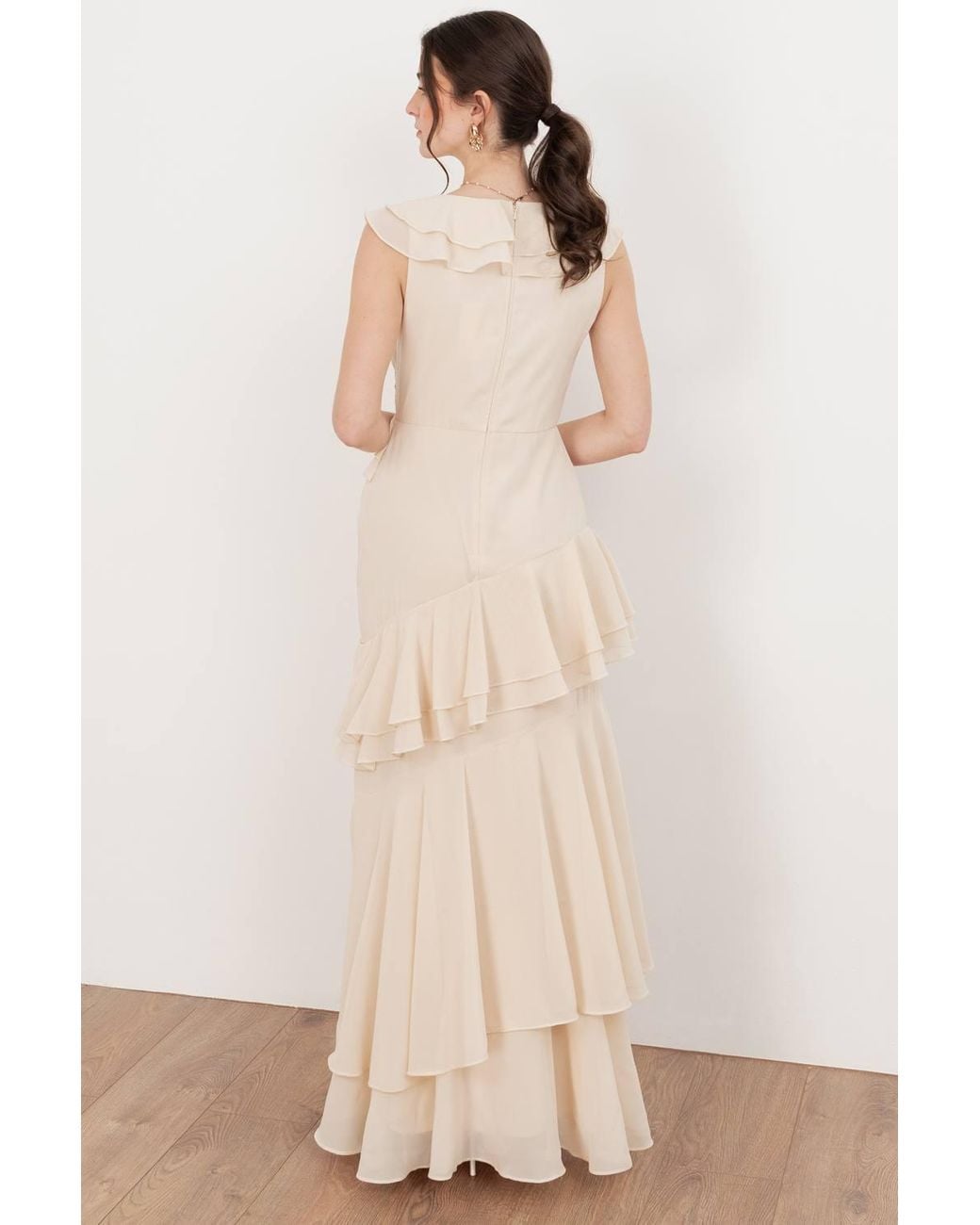 Maya Deluxe Natural Embellished Asymmetric Ruffle Maxi Dress