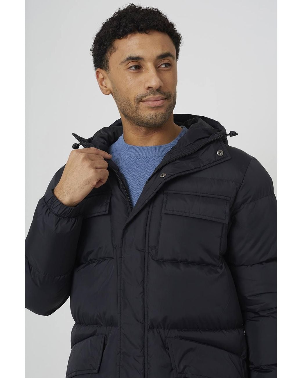 Brave Soul Blue Longline Hooded Padded Jacket With Patch Pockets for men