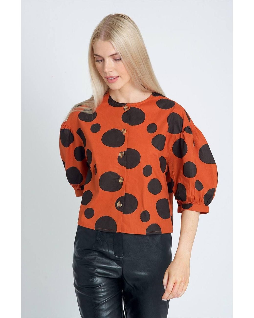 Native Youth Red Polka-Dot Printed Button-Up Puff Sleeve Blouse