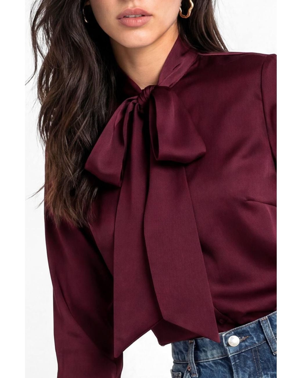 Lovedrobe Red Pussybow Collar Feather Cuffs Button Up Satin Blouse