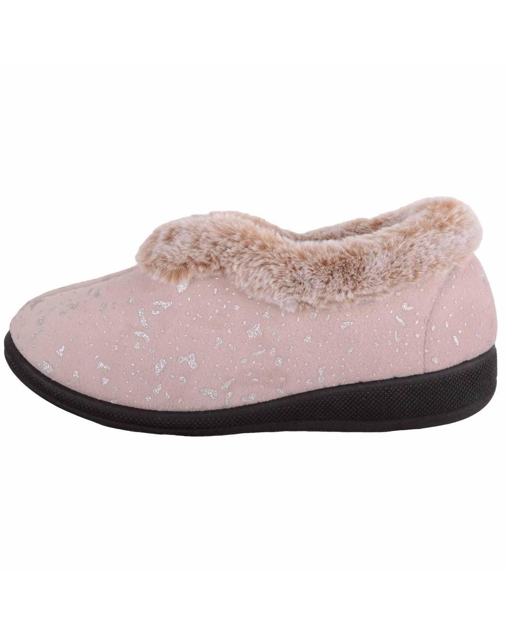 Absolute Footwear Pink Easy Slip On Velour Style Bootee Slipper With Faux Fur Collar