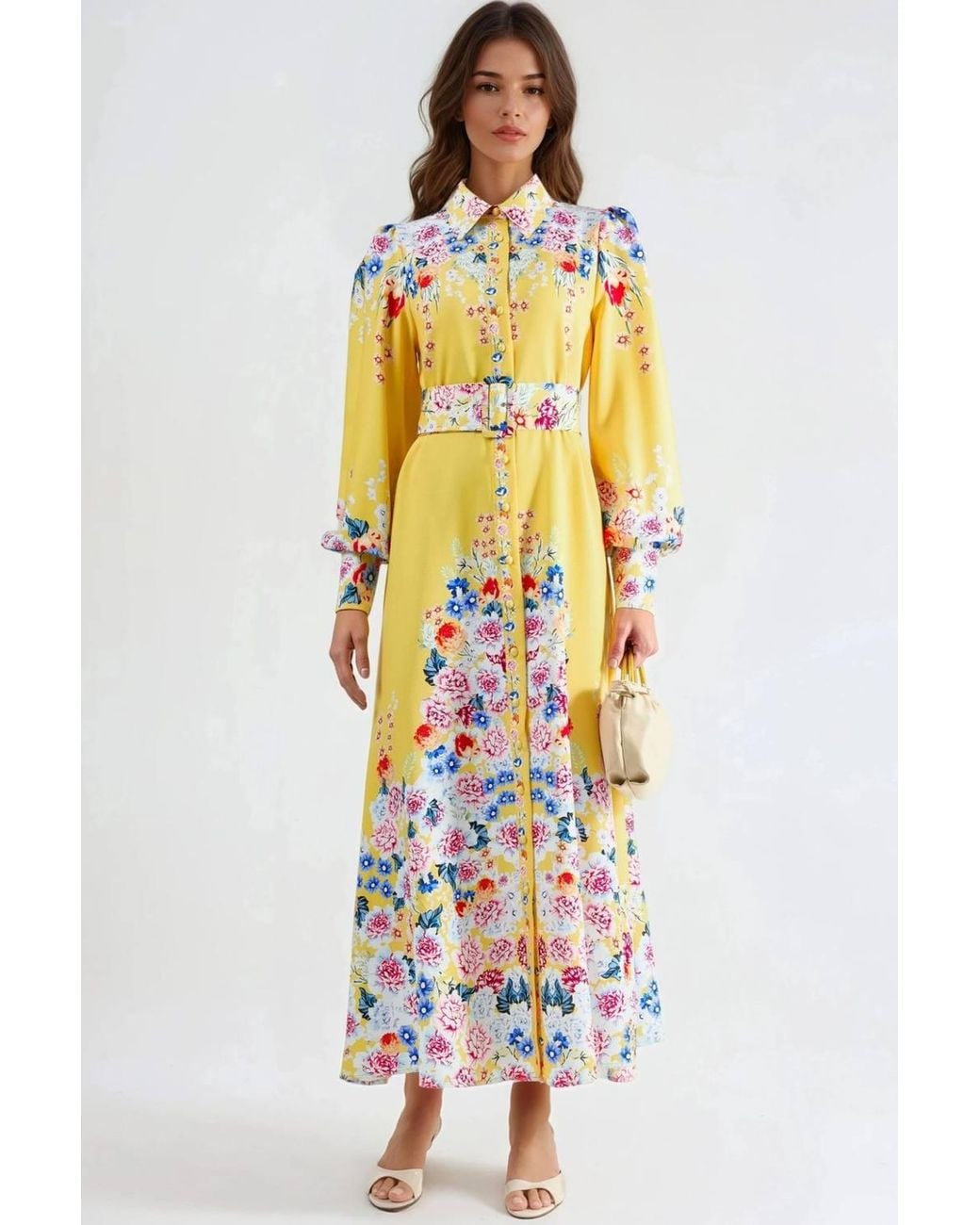 Msn-Collection White Floral Maxi Dress With Button Closure