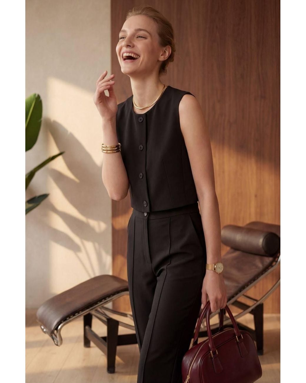 My Fashion Brown Crew Neck Crop Vest & High Waist Pants Two-Piece Set