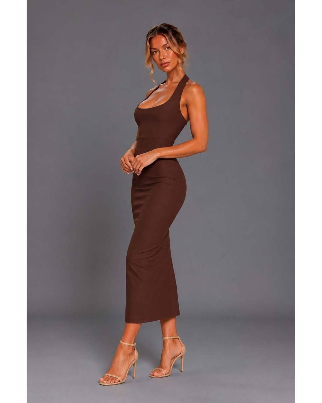 Vesper Gray Scoop Neck Halterneck Bodycon Midaxi Dress