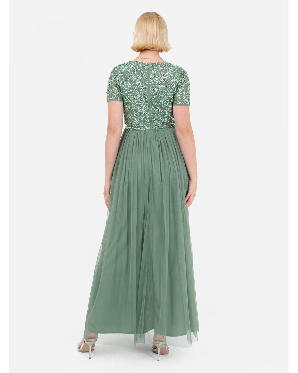 Maya Deluxe Green Short Sleeve V Neck Embellished Maxi Dress