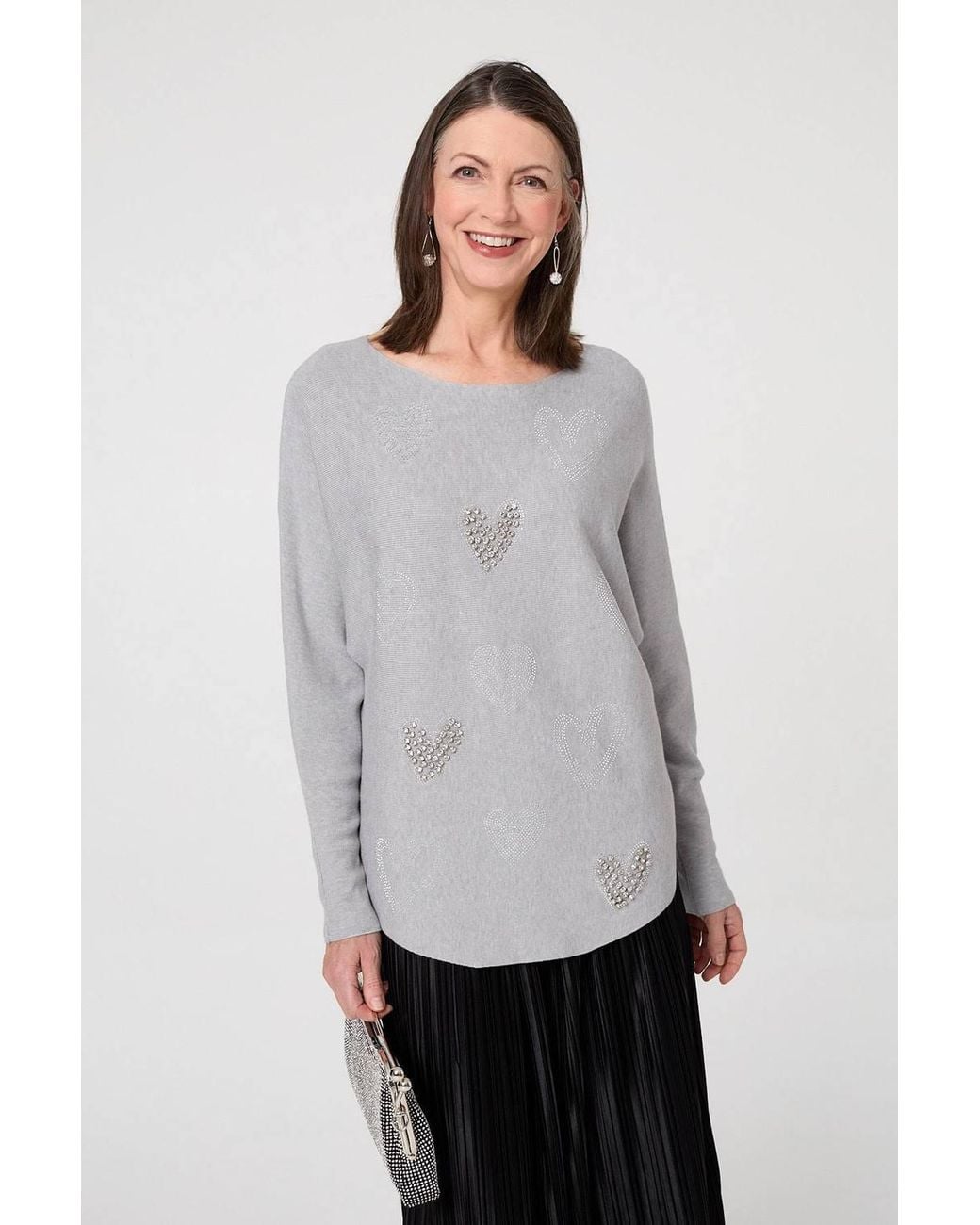 Izabel London Gray Sparkly Heart Print Long Sleeve Jumper